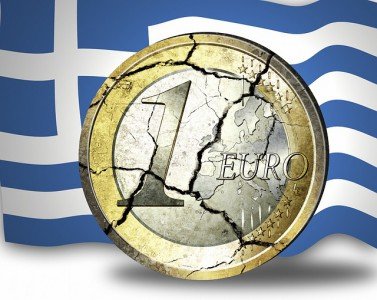 Greece flag and shattered Euro coin