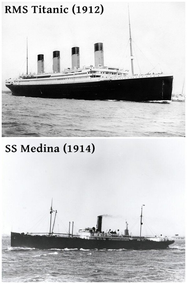 The RMS Titanic (top), which set sail on its doomed journey in 1912; and the SS Medina (bottom), which was completed in 1914 (Photos from Wikimedia Commons)
