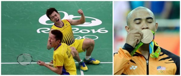 [Left] Jubilation on the faces of Malaysian badminton doubles pair Goh V Shem-Tan Wee Kiong after winning the semi-finals match (Photo from The Star); [Right] National elite rider Azizulhasni Awang kissing his bronze medal for the keirin event (Photo from The Sun Daily)