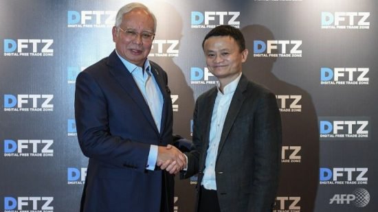 Prime Minister Najin Razak and Alibaba founder Jack Ma at the launch of the Digital Free Trade Zone (DFTZ) (Photo from Channel NewsAsia)