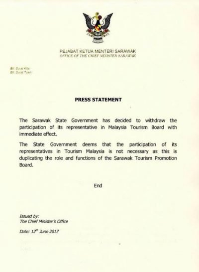 The statement issued by the Sarawak Tourism Board